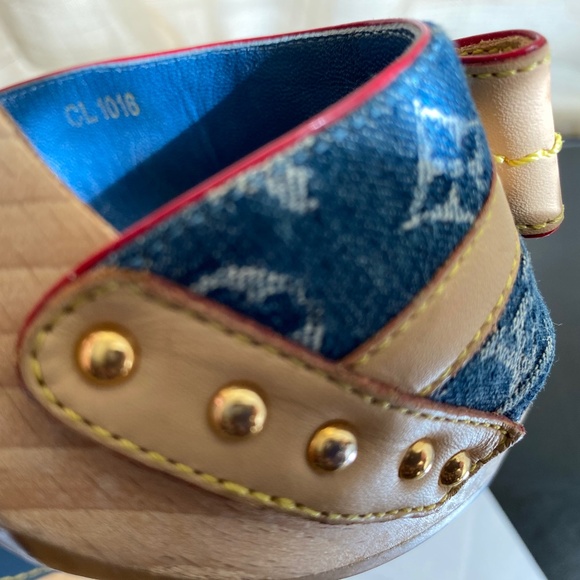 Louis Vuitton denim monogram heels mules tan leather slip on sandals slides blue - Picture 5 of 9